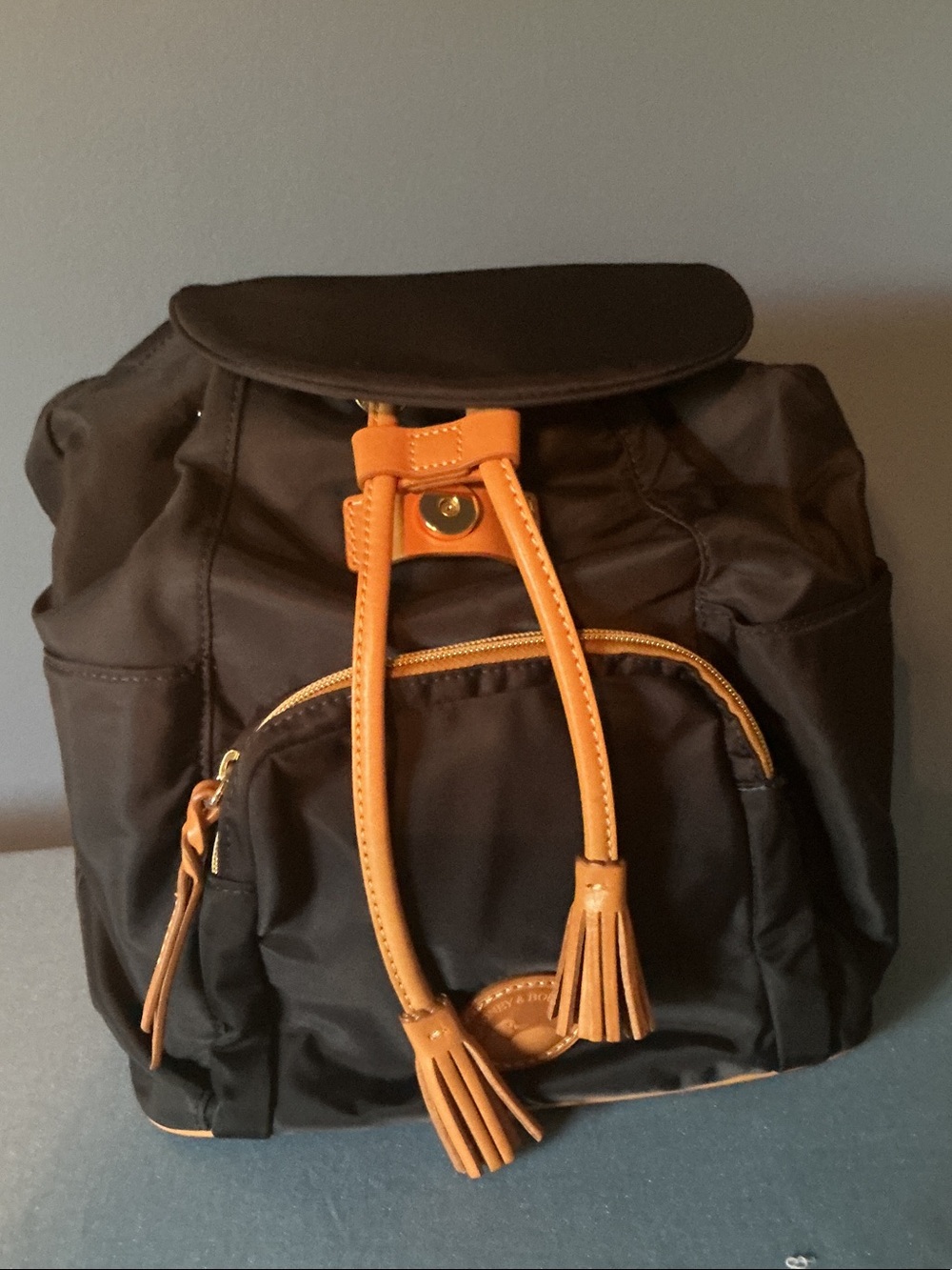 Dooney & Bourke Black Backpack with Tan Leather Accents
